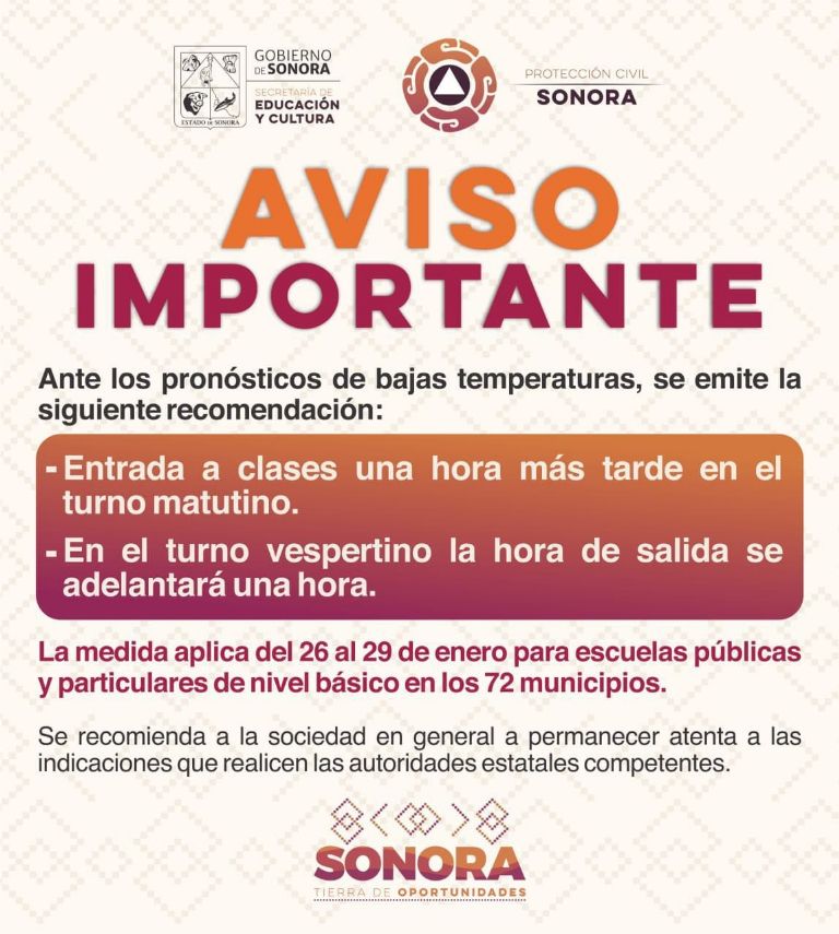 Las autoridades de Sonora tomaron la decisión de modificar el horario de clases en las escuelas de nivel básico por las bajas temperaturas