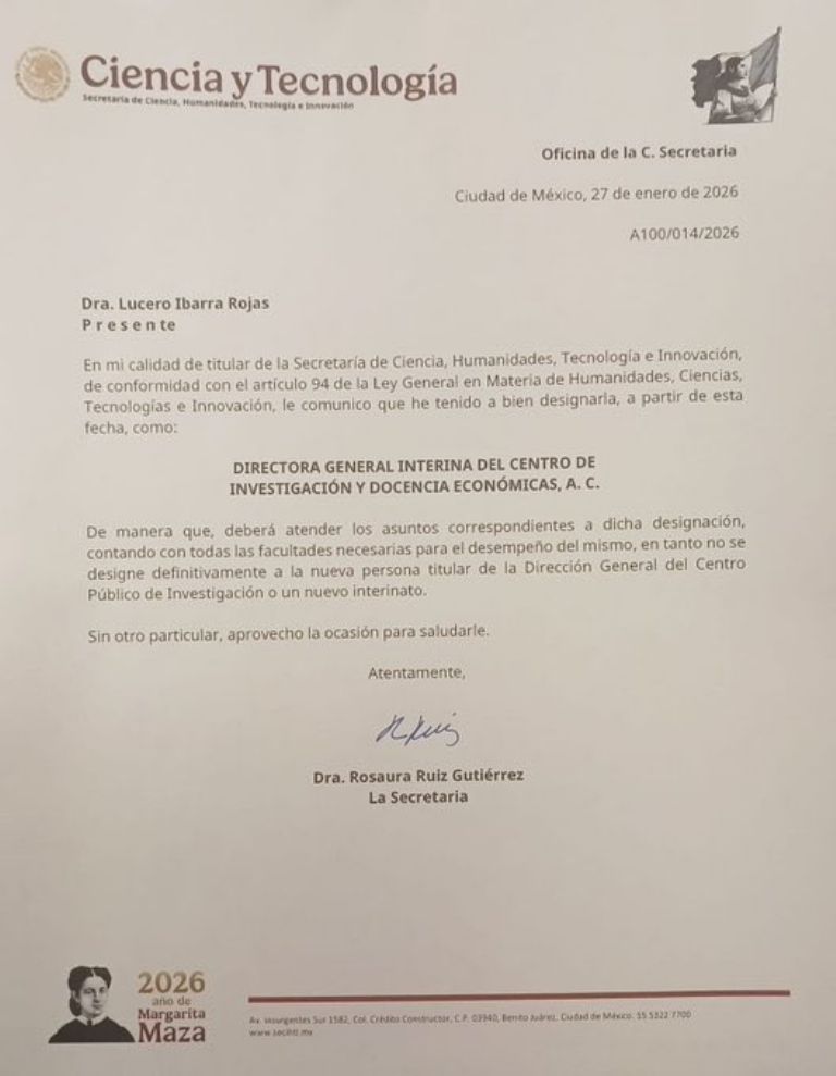 Oficio firmado por la doctora Rosaura Ruíz Gutiérrez