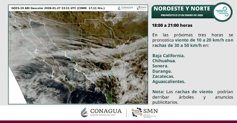 Para esta noche de martes 27 de enero de 2026 se esperan lluvias muy fuertes y frío en diversas regiones por el frente número 30