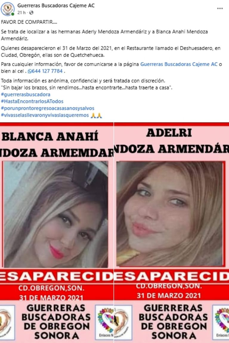 A casi cuatro años de la desaparición de las hermanas Aderly y Blanca Anahí Mendoza en Ciudad Obregón