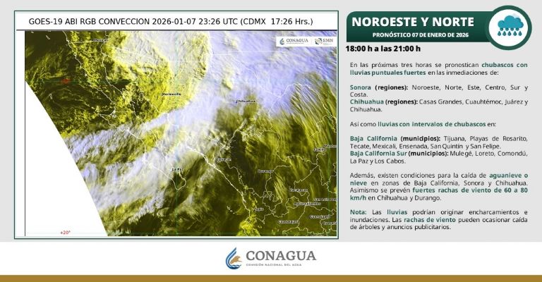 Para este miércoles 7 de enero de 2026 en la noche se advierten lluvias puntuales y chubascos
