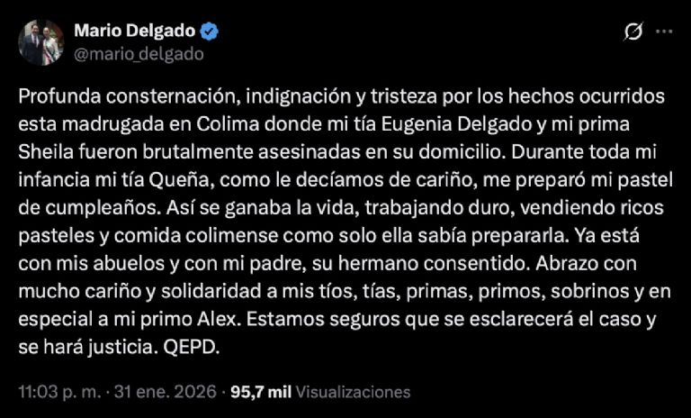 Mario Delgado lamenta en feminicidio de su prima y tía en Colima. Foto: Twitter (X)