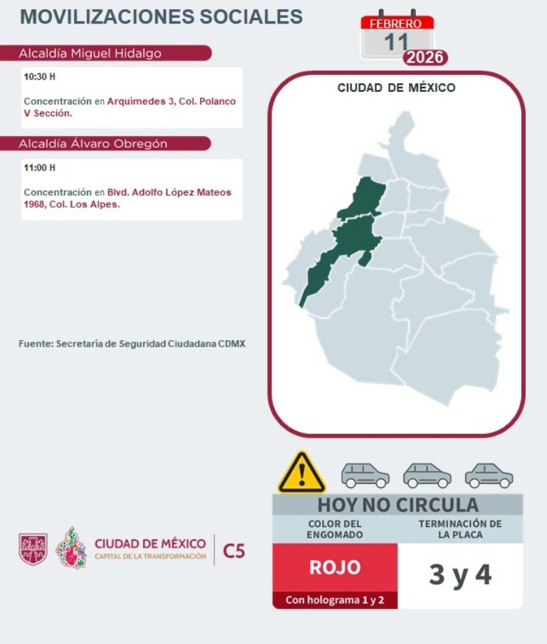 Movilizaciones CDMX miércoles 11. Foto: C5_CDMX