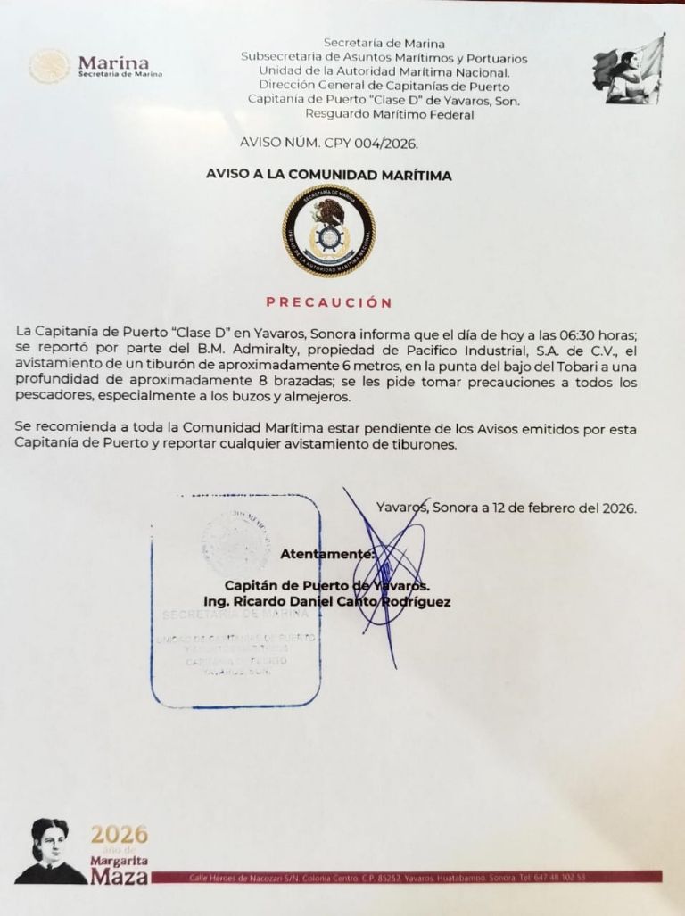 La Capitanía del Puerto emitió un comunicado a la comunidad marítima del sur de Sonora