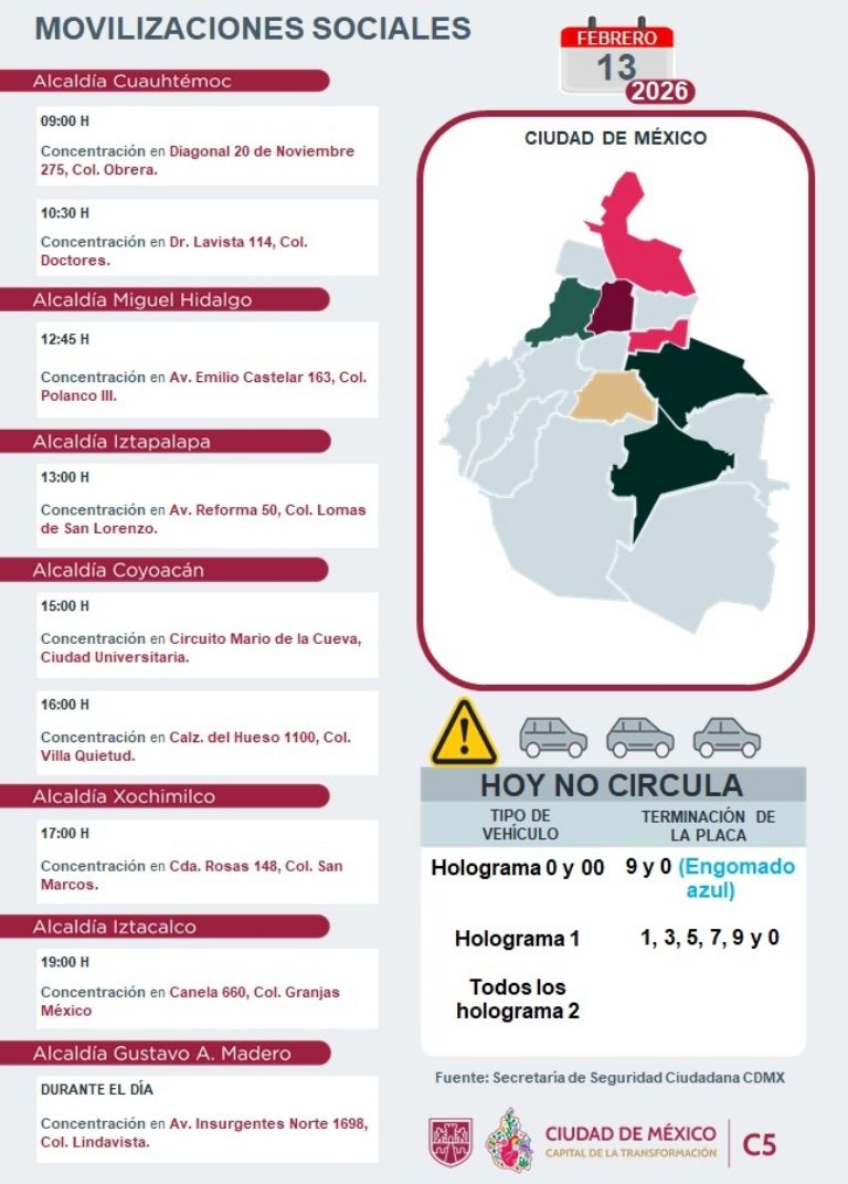 Alertan por movilizaciones en siete alcaldías de CDMX este viernes. Foto: Twitter @C5_CDMX