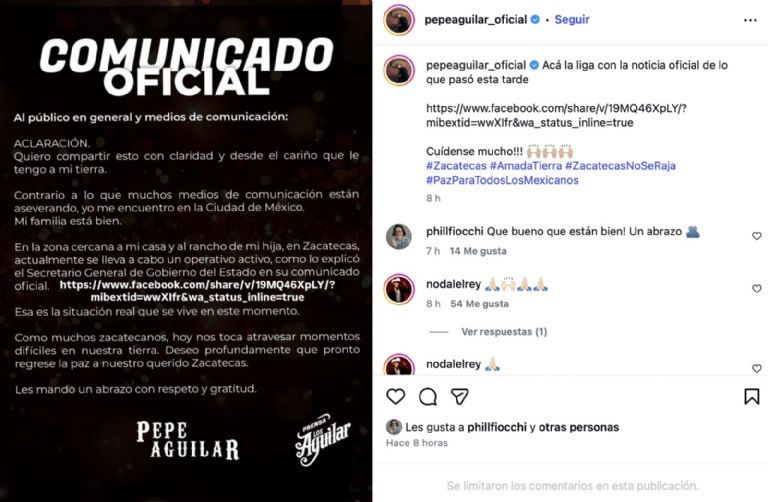 Pepe Aguilar se pronunció por el ataque armado reportado en Zacatecas. Foto: Instagram