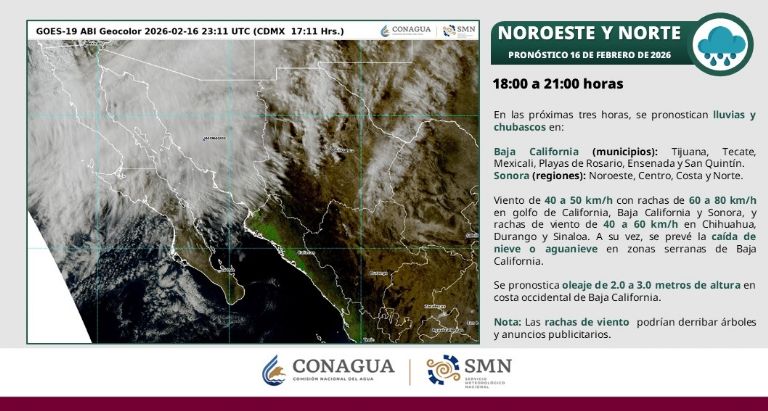 Las autoridades del clima están previendo lluvias y chubascos para hoy lunes 16 de febrero de 2026 en la noche en Sonora
