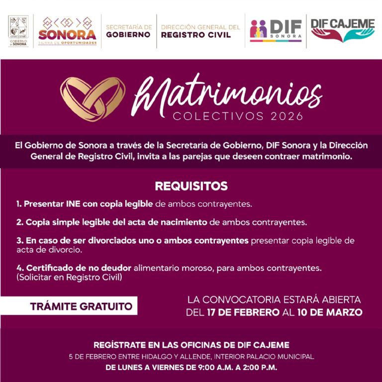 ¡CÁSATE GRATIS! DIF Cajeme invita a participar en la campaña Matrimonios Colectivos Sonora 2026