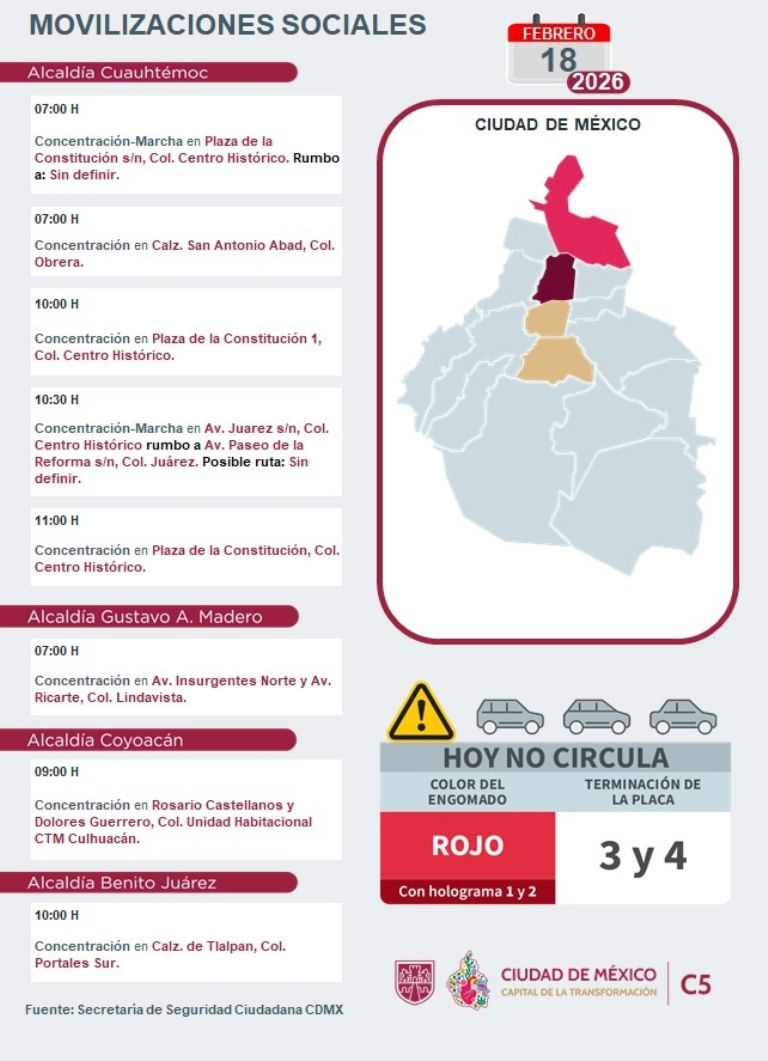 Marchas de este miércoles en CDMX, ¡precaución!. Foto: C5-CDMX