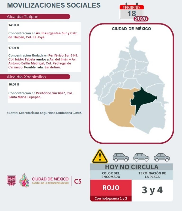 Gobierno de la CDMX informa sobre marchas este miércoles. Foto: C5-CDMX