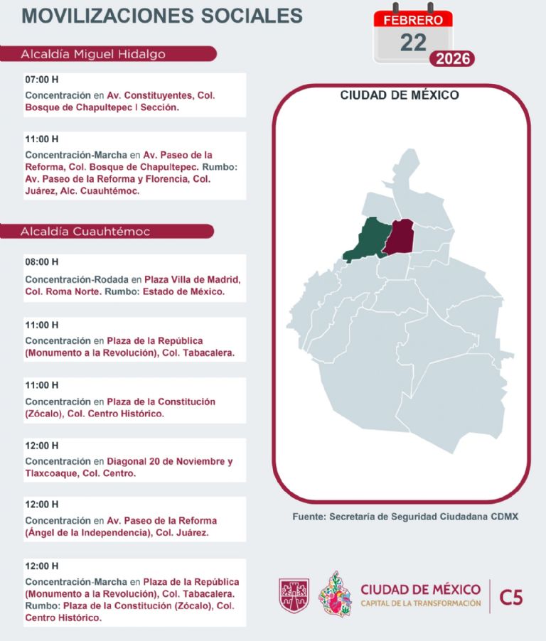 Marchas y rodadas para HOY domingo 22 de febrero. Foto: C-5