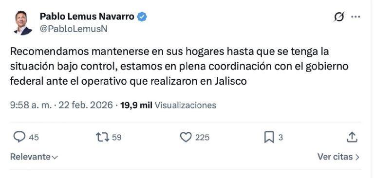 Pablo Lemus pidió a la población resguardarse ante violencia en Jalisco. Foto: Twitter