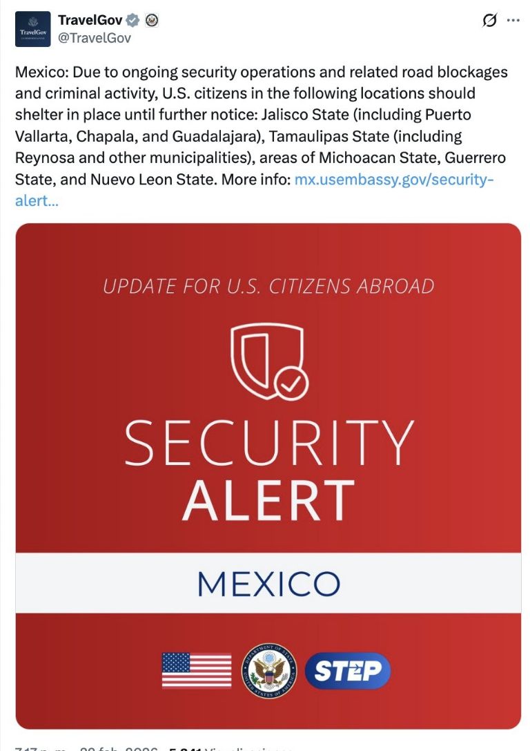 La Embajada de Estados Unidos en México emite una alerta para sus ciudadanos