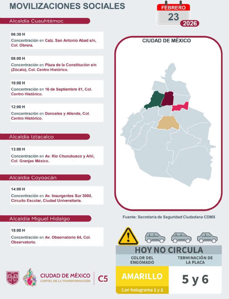 Te decimos las marchas que habrá HOY en CDMX. Foto: C5-CDMX