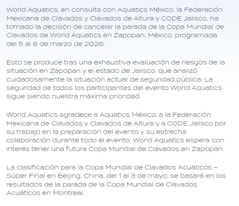 Cancelan Copa del Mundo de Clavados en Jalisco. Foto: Twitter