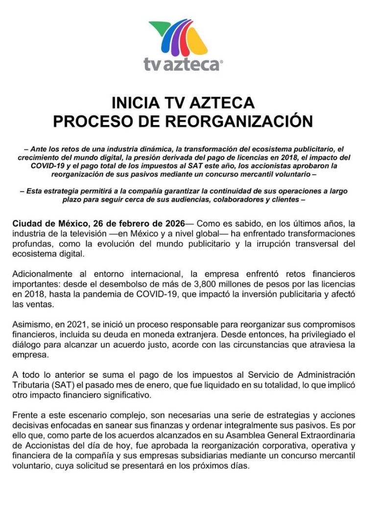 TV Azteca solicitó concurso mercantil voluntario tras el fallo de la SCJN para que Grupo Salinas saldara su deuda con el SAT