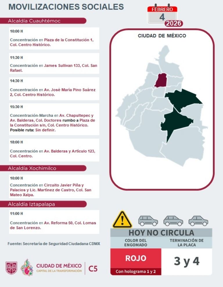 Marchas y movilizaciones de este miércoles en CDMX. Foto: C5