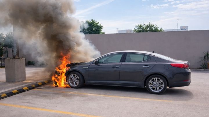 Se incendia auto en estacionamiento de restaurante en Navojoa; chofer logró salir a tiempo