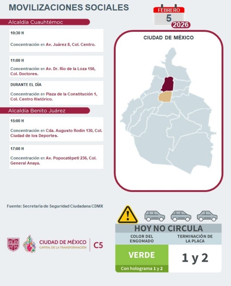 Marchas y movilizaciones HOY 5 de febrero en CDMX. Foto: Twitter
