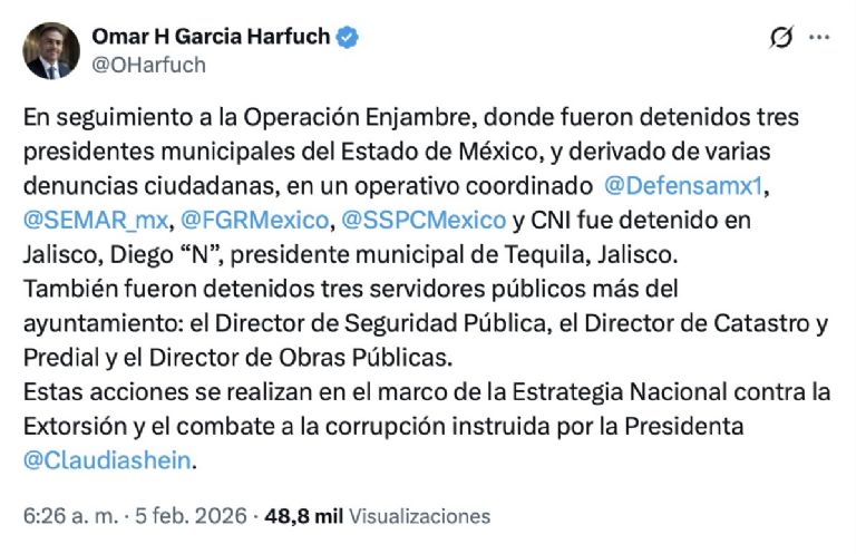 El titular de la SSPC confirmó la captura del presidente municipal de Tequila, en Jalisco. Foto: Facebook