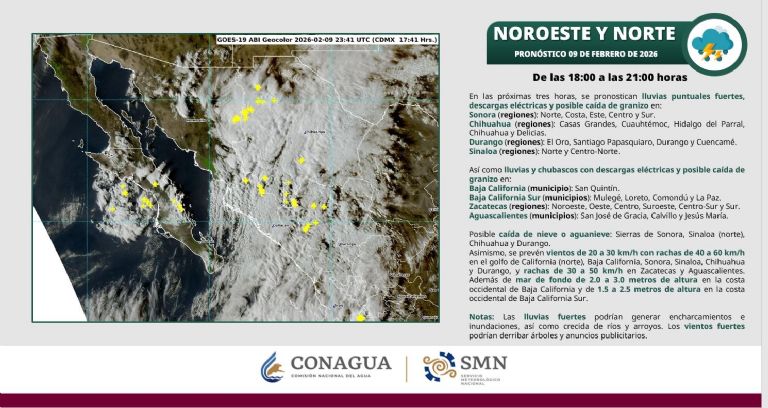 Las autoridades del clima están advirtiendo lluvias fuertes con descargas eléctricas para hoy lunes 9 de febrero 