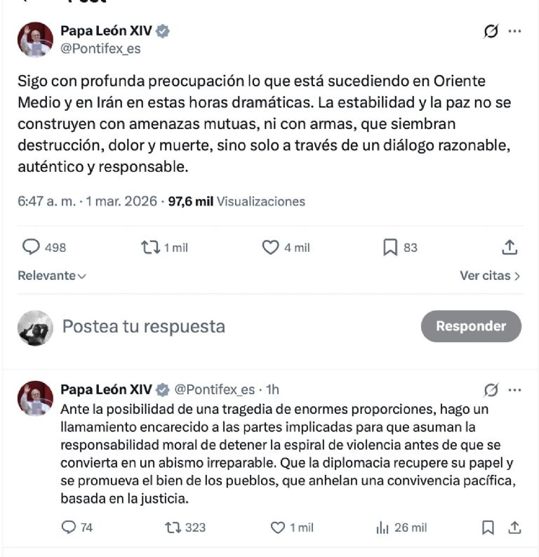 Papa León se preocupa por la guerra en Medio Oriente. Foto: Facebook
