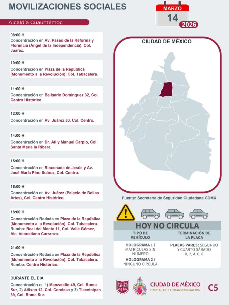 Marchas y bloqueos este sábado 14 de marzo de 2026 