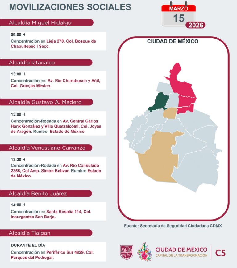 Conoce las marchas y bloqueos de este domingo en CDMX. Foto: C5