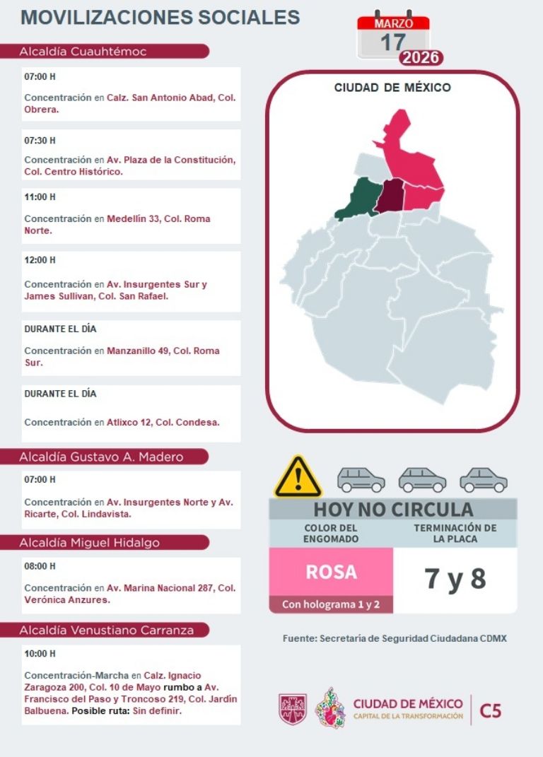 Conoce toda la información de las marchas de este día. Foto: C5