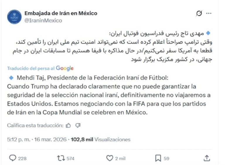 Irán podría jugar en México el Mundial 2026 por temas de seguridad. Foto: Twitter
