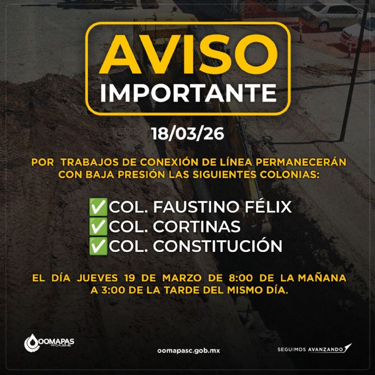 Oomapasc alerta sobre baja presión de agua este jueves 19 de marzo en tres colonias de Cajeme