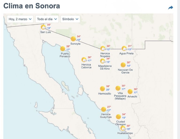 Así será el clima en Sonora este lunes 2 de marzo. Foto: Conagua