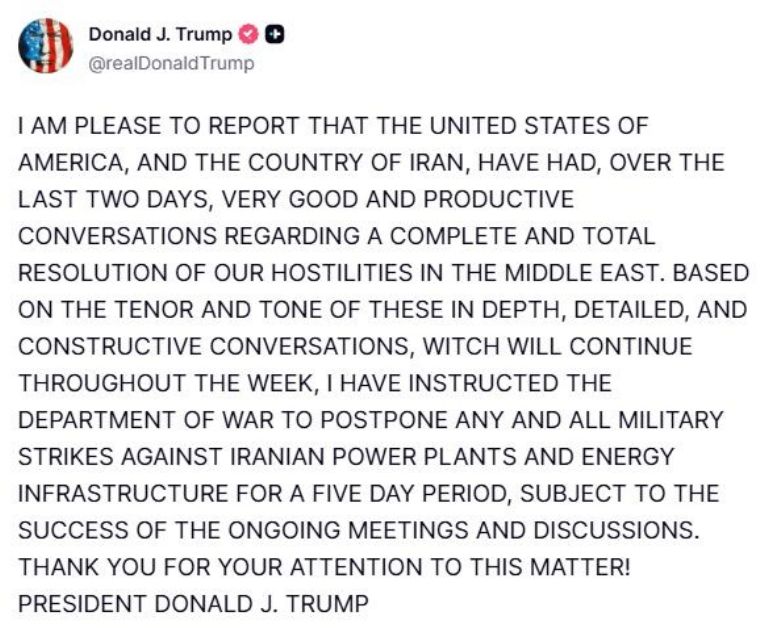 Trump pausa ataques a Irán durante 5 días. Foto: Truth Social