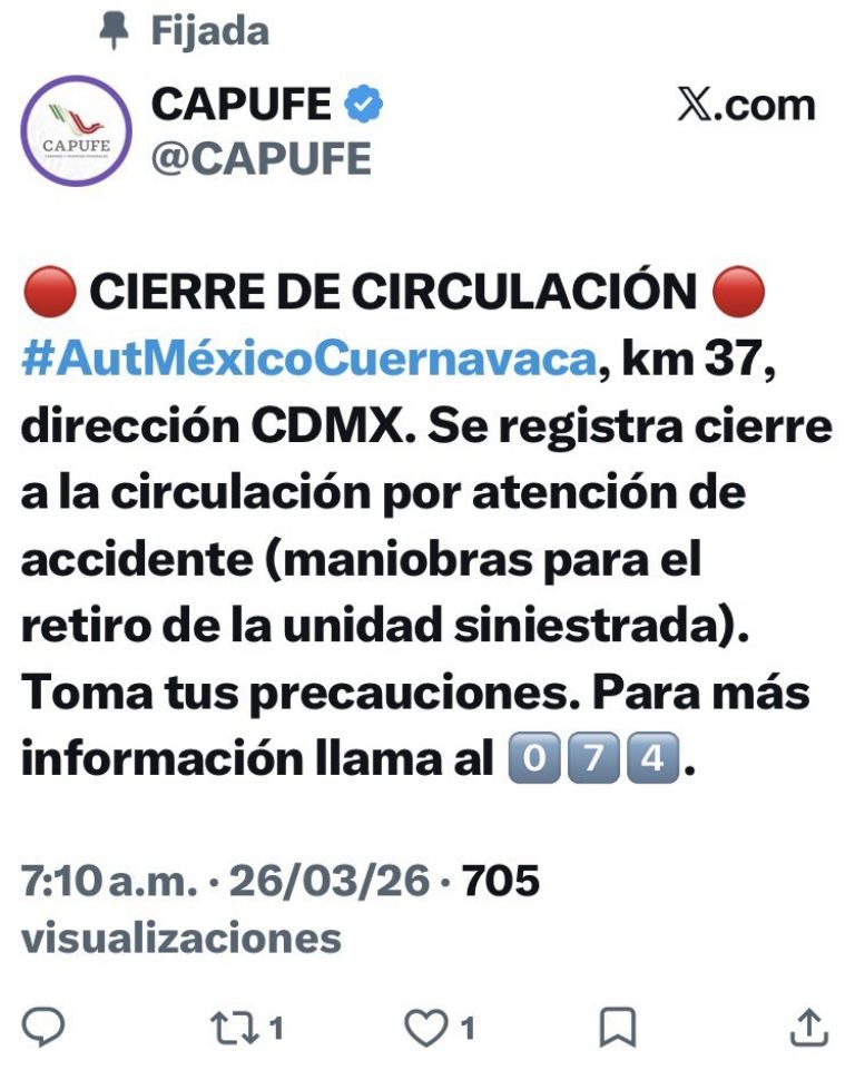 Un accidente en la México-Cuernavaca provoca caos este jueves. Foto: Twitter