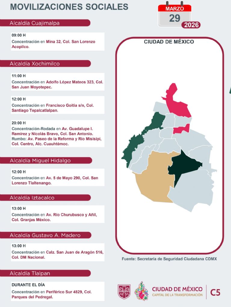 Aquí el reporte de marchas en CDMX este domingo. Foto: C5
