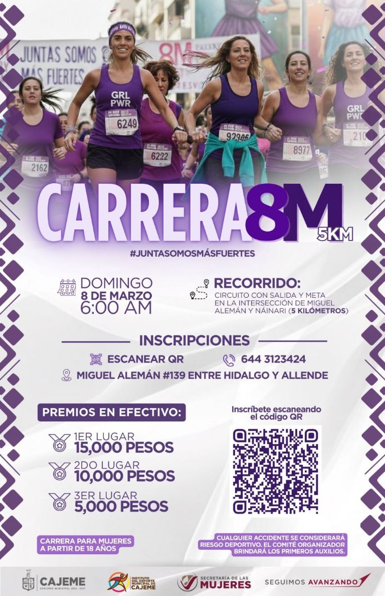Invitan a mujeres de Cajeme a participar en la carrera y actividades del 8 de marzo