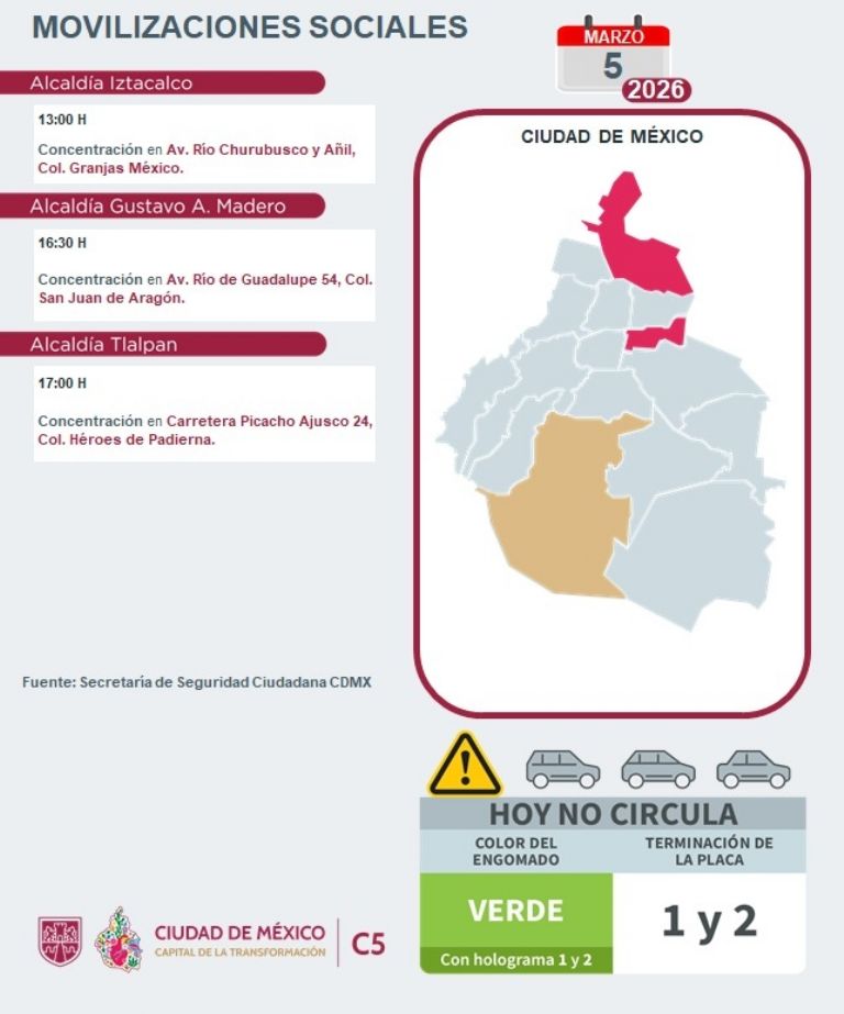 ¿Dónde habrá marchas y bloqueos en CDMX HOY?. Foto: C5