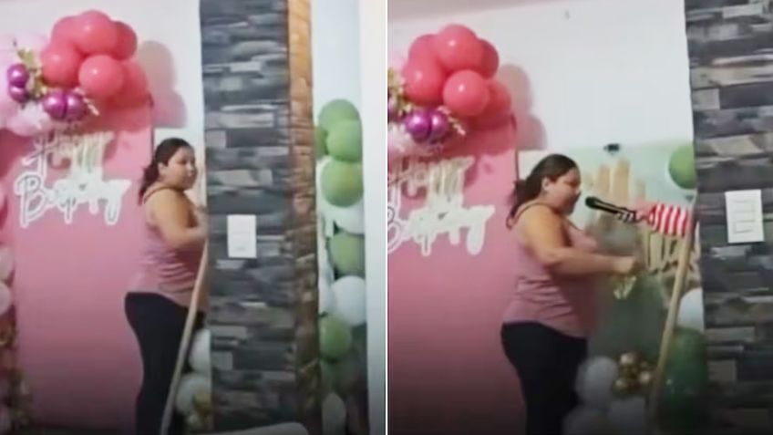 ¡No le pagaron! Decoradora se vuelve viral por reventar arreglos de globos en plena fiesta
