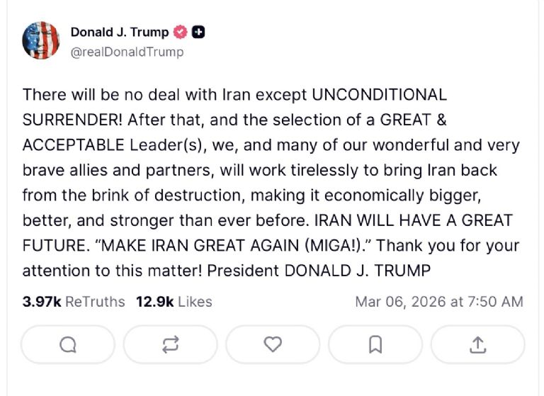 El presidente de EU, Donald Trump, exige que Irán se rinda para acabar con la guerra. Foto: Truth Social