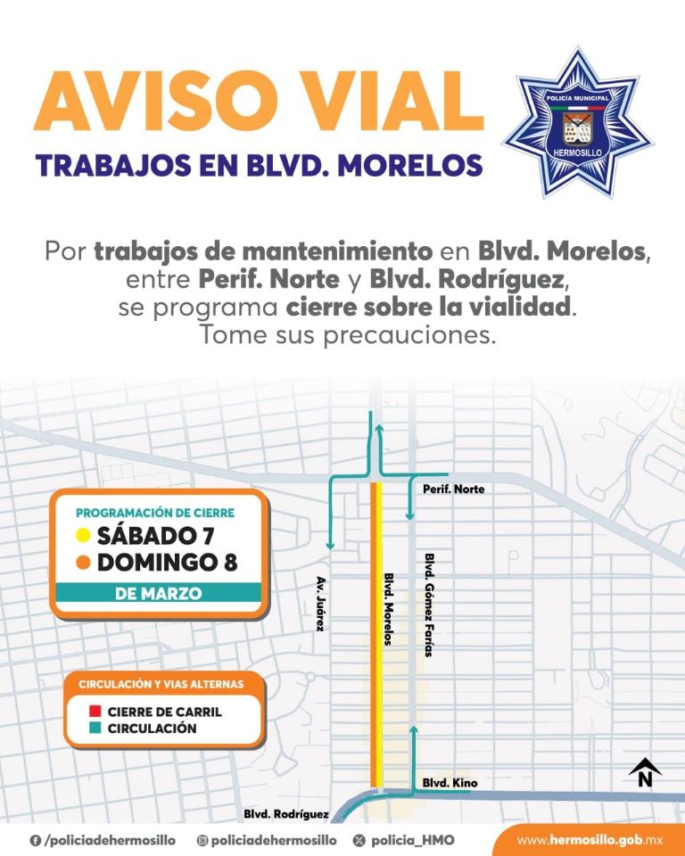 Gobierno de Hermosillo realizará mantenimiento de bulevar Morelos entre Periférico Norte y bulevar Rodríguez