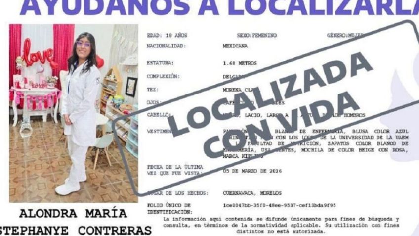 Fiscalía de Morelos confirma que localizan con vida a Stephanye Contreras, estudiante desaparecida de la UAEM