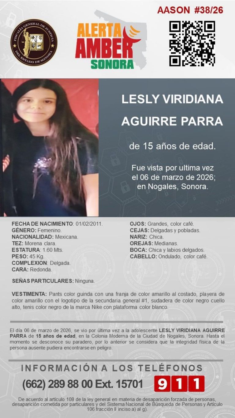 Buscan a menor de 15 años desaparecida en Nogales. Foto: FGJES